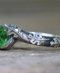 Emerald Leaf Engagement Ring, Silver Emerald Leaf Ring