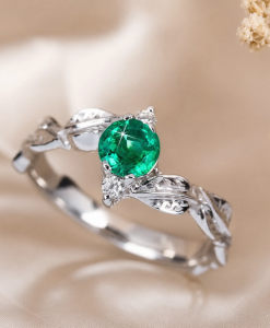 Natural Emerald Nature Inspired Leaf Engagement Ring, May Birthstone - Image 3