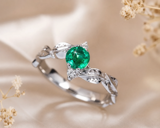 Natural Emerald Nature Inspired Leaf Engagement Ring, May Birthstone