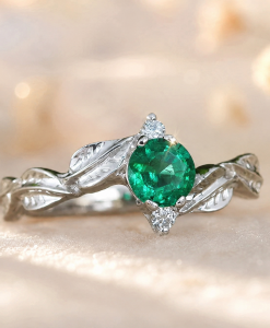 Natural Emerald Nature Inspired Leaf Engagement Ring, May Birthstone
