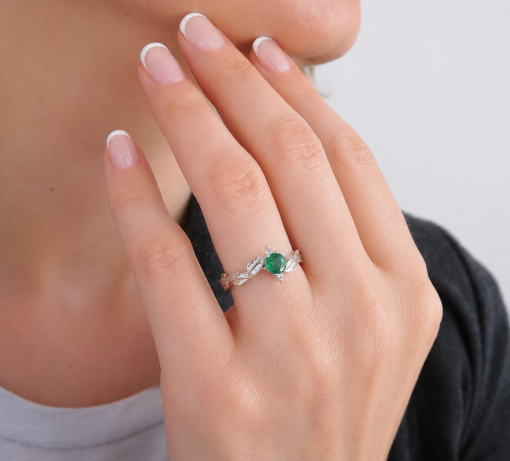 Natural Emerald Nature Inspired Leaf Engagement Ring, May Birthstone
