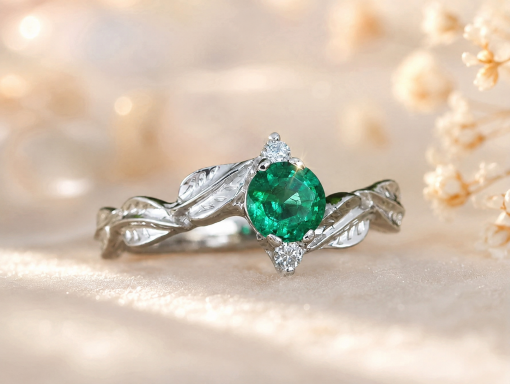 Natural Emerald Nature Inspired Leaf Engagement Ring, May Birthstone