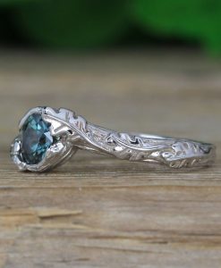 Green sapphire nature inspired ring, Oak leaves floral ring