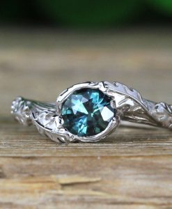 Green sapphire nature inspired ring, Oak leaves floral ring