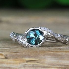 Green sapphire nature inspired ring, Oak leaves floral ring