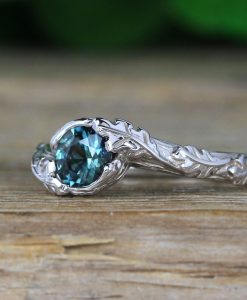 Green sapphire nature inspired ring, Oak leaves floral ring