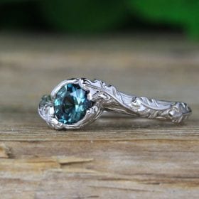Green sapphire nature inspired ring, Oak leaves floral ring