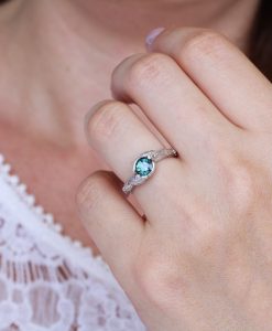 Green sapphire nature inspired ring, Oak leaves floral ring
