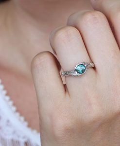 Green sapphire nature inspired ring, Oak leaves floral ring