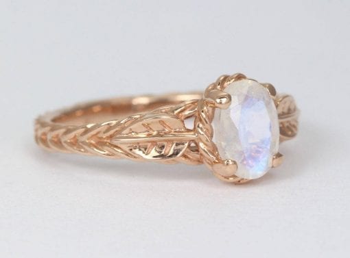Leaf Moonstone Ring In Rose Gold, Leaves Ring With Rainbow Moonstone