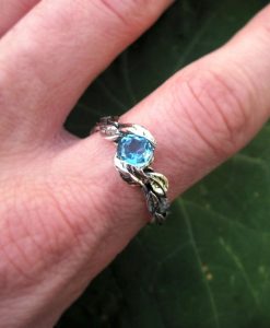 Leaf Ring With Blue Topaz Gemstone In Silver, Blue topaz Leaves Ring