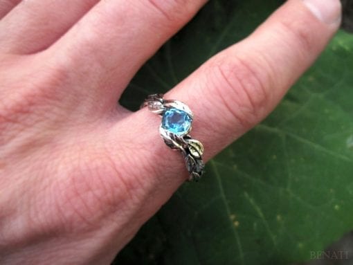 Leaf Ring With Blue Topaz Gemstone In Silver, Blue topaz Leaves Ring