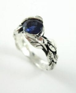 Leaf Ring With Center Iolite Violet Blue Purplish Gemstone In Silver, Leaves Ring