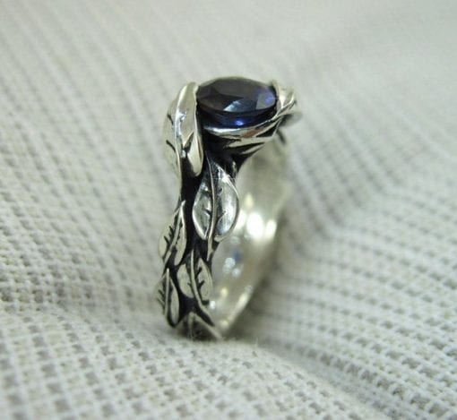 Leaf Ring With Center Iolite Violet Blue Purplish Gemstone In Silver, Leaves Ring