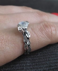 Leaf Ring With Moon Stone Gemstone In Silver, Moonstone Leaf Ring