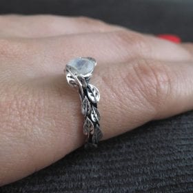 Leaf Ring With Moon Stone Gemstone In Silver, Moonstone Leaf Ring