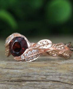 Leaf Rose Gold Garnet ring, Garnet Leaf Engagement Ring
