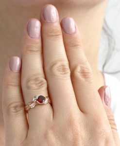 Leaf Rose Gold Garnet ring, Garnet Leaf Engagement Ring