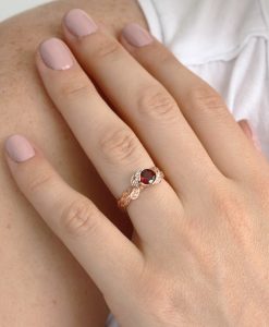 Leaf Rose Gold Garnet ring, Garnet Leaf Engagement Ring