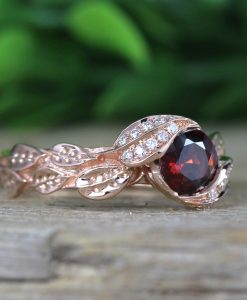 Leaf Rose Gold Garnet ring, Garnet Leaf Engagement Ring