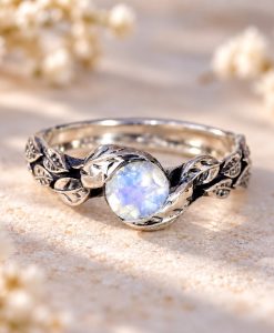 Leaf Ring With Moonstone Gemstone In Silver, Moonstone Leaf Ring