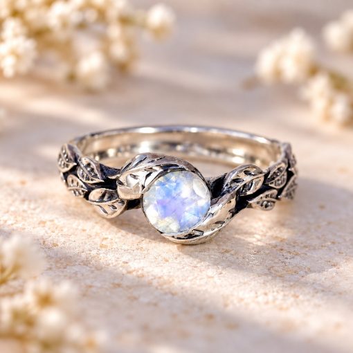 Leaf Ring With Moonstone Gemstone In Silver, Moonstone Leaf Ring