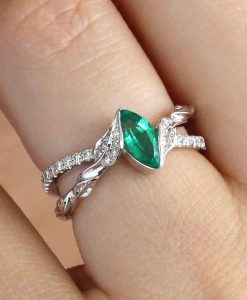 Marquise Emerald Engagement Ring, Nature Inspired Floral Emerald Ring