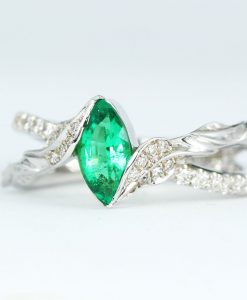 Marquise Emerald Engagement Ring, Nature Inspired Floral Emerald Ring