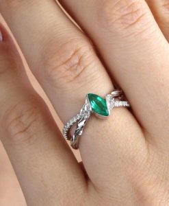 Marquise Emerald Engagement Ring, Nature Inspired Floral Emerald Ring