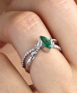 Marquise Emerald Engagement Ring, Nature Inspired Floral Emerald Ring