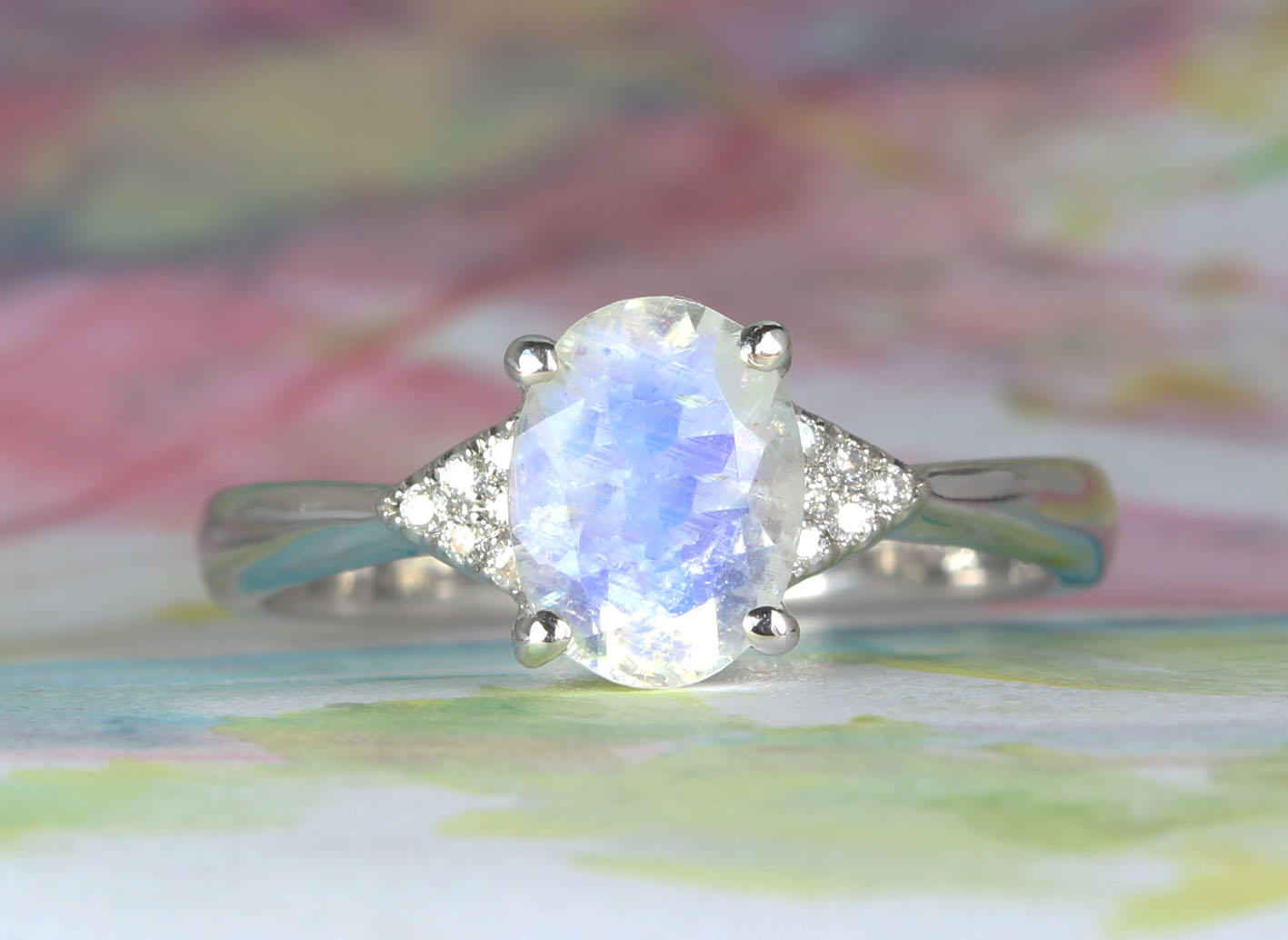 Moonstone Diamonds Halo Ring, Moonstone Diamond Ring, 14K Gold Moonstone  Ring, Minimalist Ring, Diamond Halo Ring, Diamond Wedding Ring