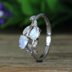 Moonstone Floral Engagement Ring, Leaves Rainbow Moonstone Ring