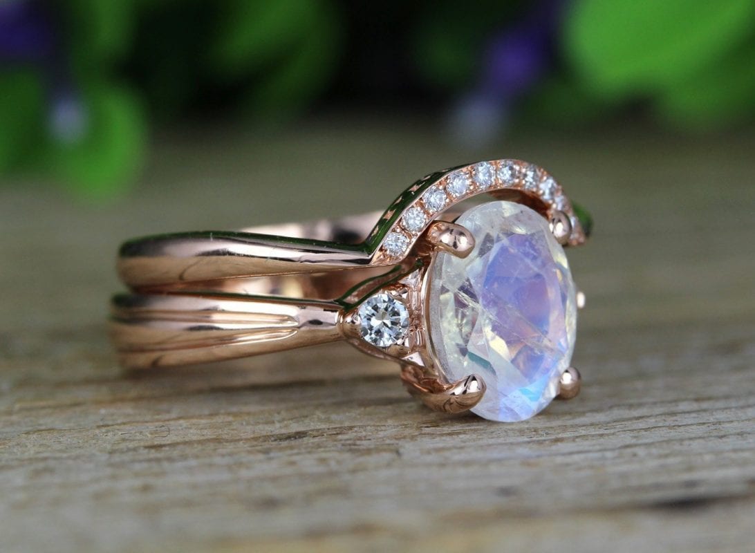 Moonstone Wedding Ring Set, Antique Moonstone Engagement