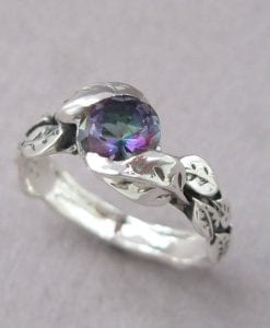 Mystic Topaz Ring, Round Cut leaves Engagement Ring