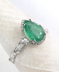 Natural Emerald Leaves Engagement Ring, Vintage Nature Inspired Leaf Anniversary Ring