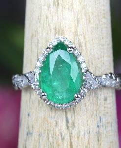 Natural Emerald Leaves Engagement Ring, Vintage Nature Inspired Leaf Anniversary Ring