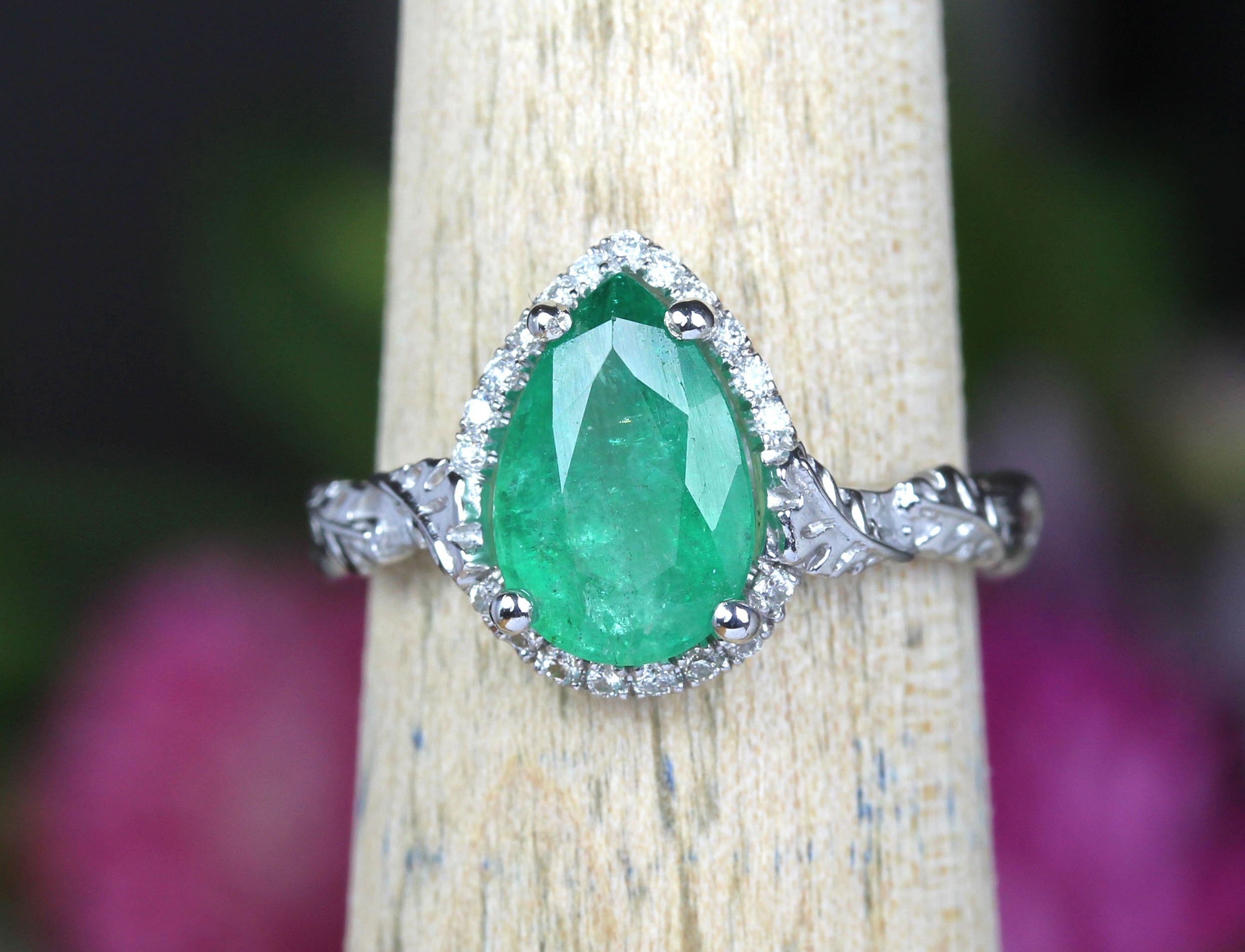 Natural Emerald Leaves Engagement Ring, Vintage Nature Inspired Leaf ...
