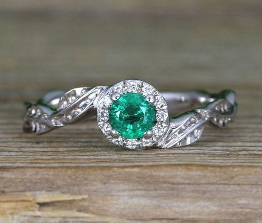 Natural Emerald Nature Inspired solid gold Halo Engagement Ring