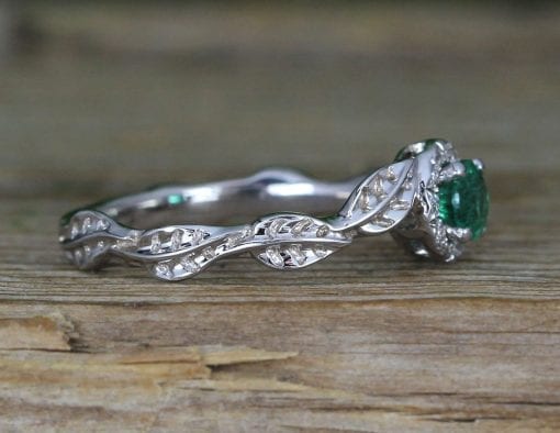 Natural Emerald Nature Inspired solid gold Halo Engagement Ring