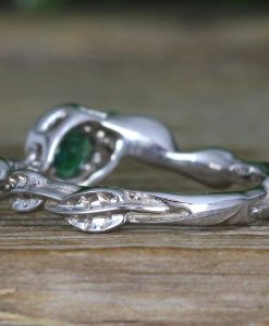 Natural Emerald Nature Inspired solid gold Halo Engagement Ring