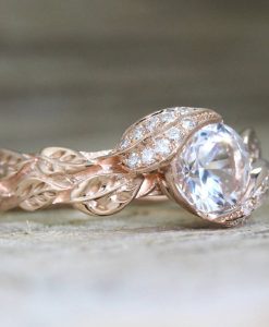 Nature Engagement Ring, White Sapphire Leaves Engagement Ring