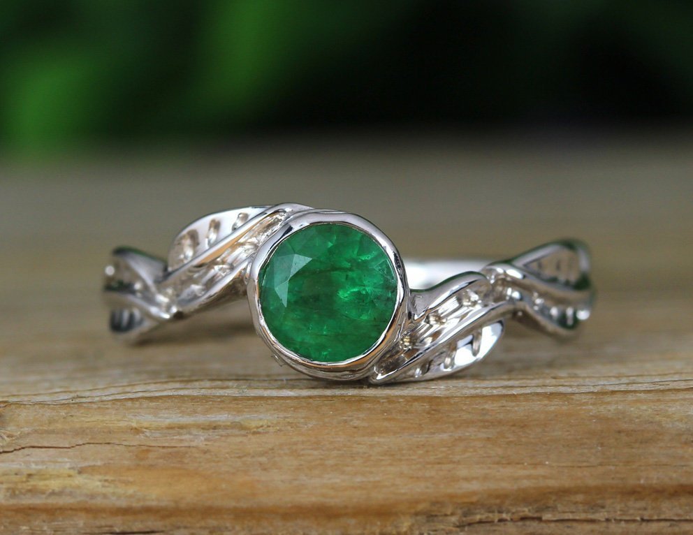 Nature Inspired Natural Emerald Engagement Ring, Leaves Twig Emerald ...