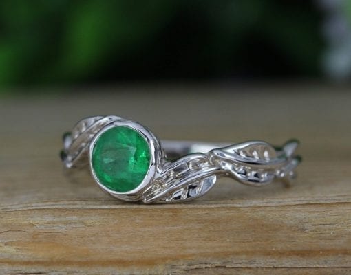Nature Inspired Emerald Engagement Ring, Leaves Twig Emerald Ring