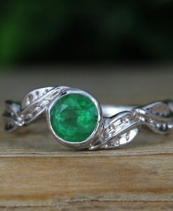 Nature Inspired Emerald Engagement Ring, Leaves Twig Emerald Ring