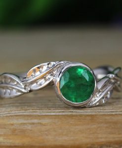 Nature Inspired Emerald Engagement Ring, Leaves Twig Emerald Ring