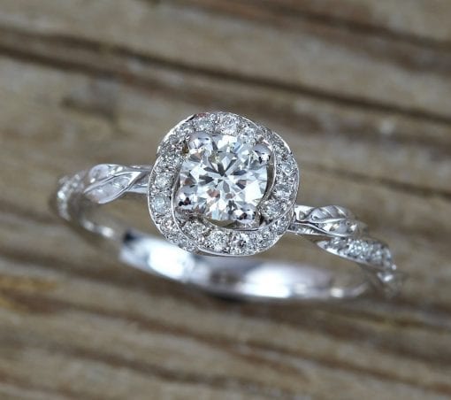 Nature Inspired Unique Diamond Halo Ring, Leaves And Flower Engagement Ring