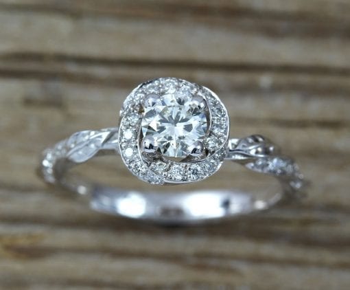Nature Inspired Unique Diamond Halo Ring, Leaves And Flower Engagement Ring