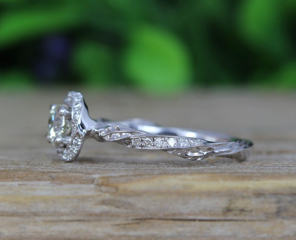 Nature Inspired Unique Diamond Halo Ring, Leaves And Flower Diamond