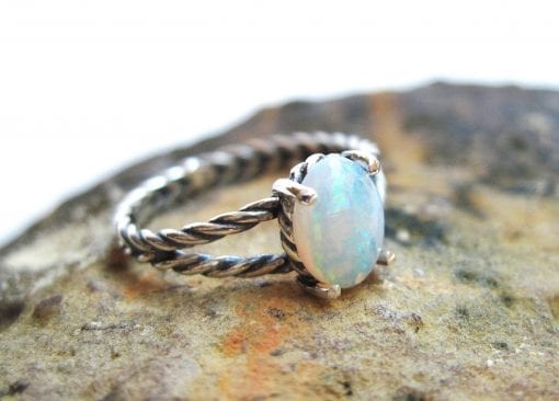 Natural Opal Oval ring sterling silver, Blue opal minimalist ring