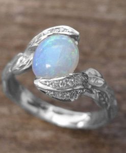 Opal Rose Gold Ring, Opal Leaves Engagement Ring
